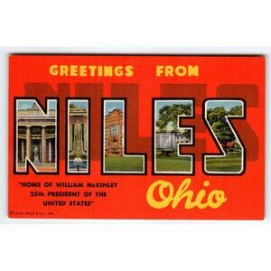 Greetings From Niles Ohio Large Big Letter Linen Postcard Curt Teich Unused